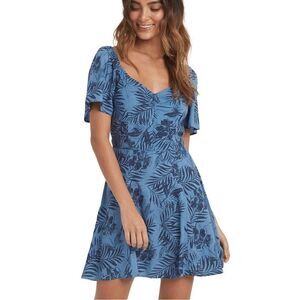 Roxy Palm Leaf Print Shoulder Shimmy Short Sleeve Mini Dress Blue Large